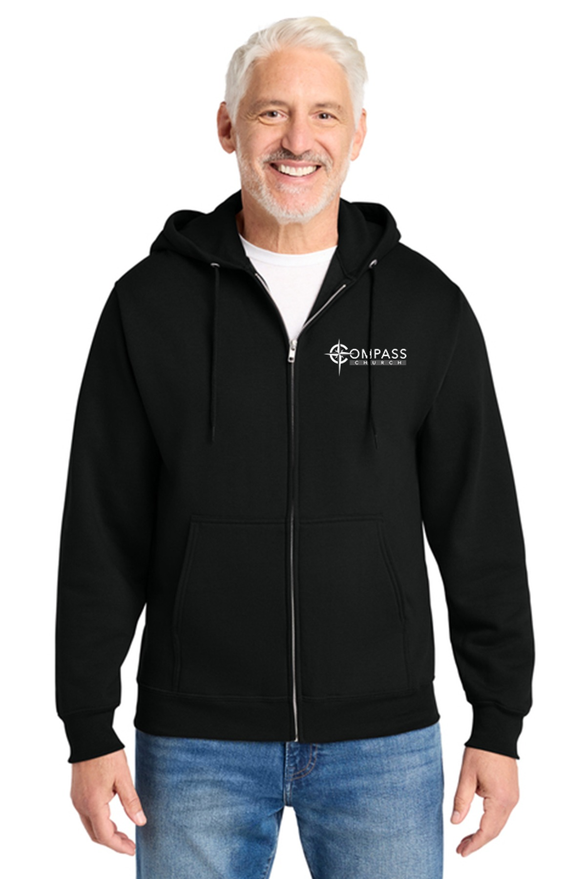 Compass Church Full-Zip Hooded Sweatshirt in Jet Black, front view with embroidered Compass Church logo