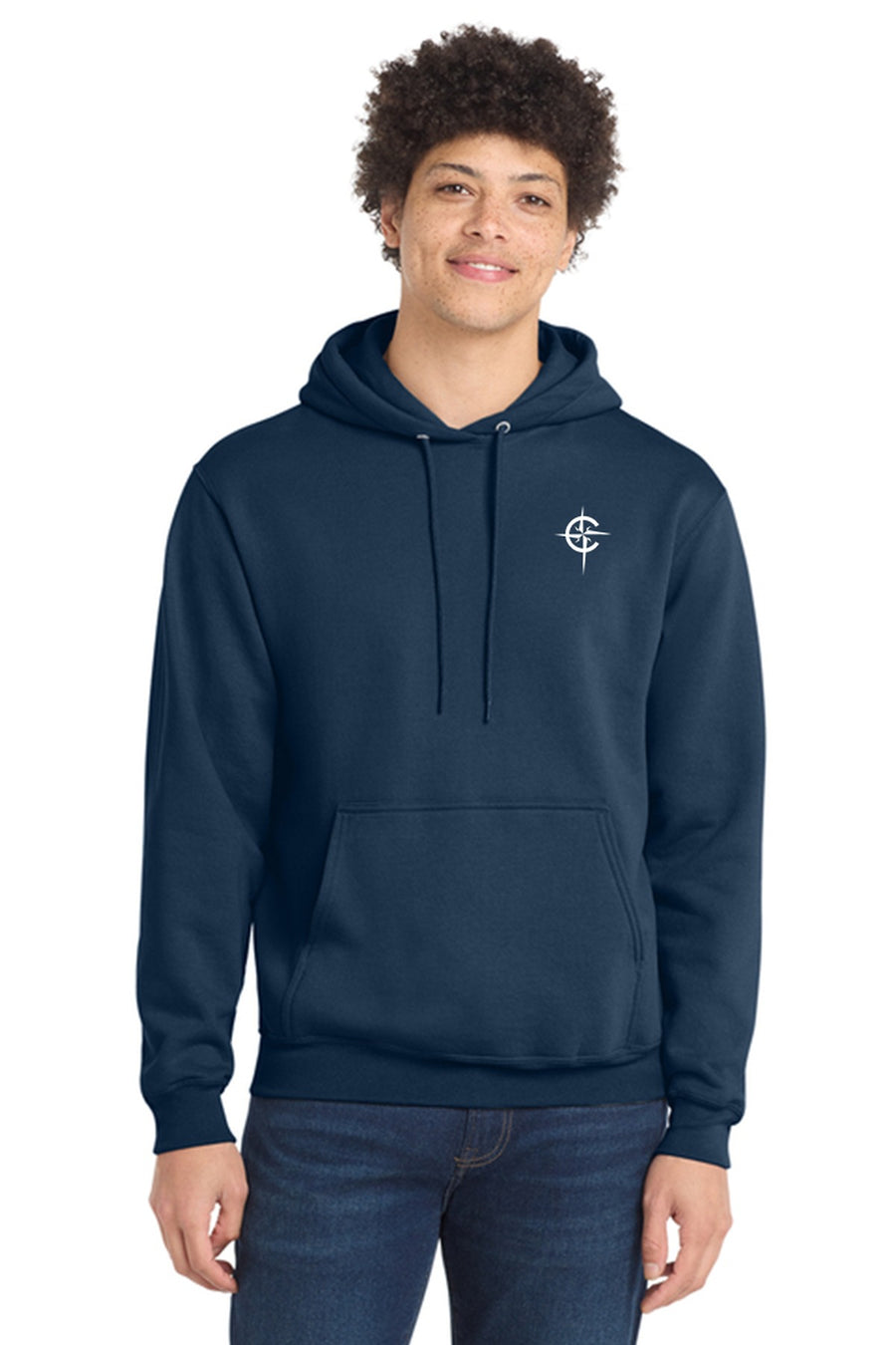 Compass Church Pullover Hooded Sweatshirt in Navy, front view