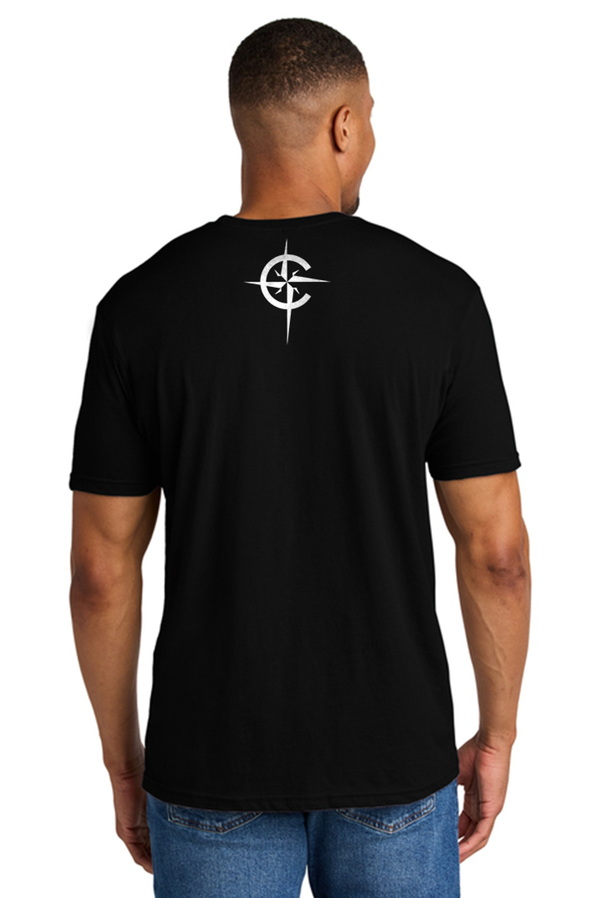 Compass Church Gildan Tee in Pitch Black, Compass Logo design, back view with the C