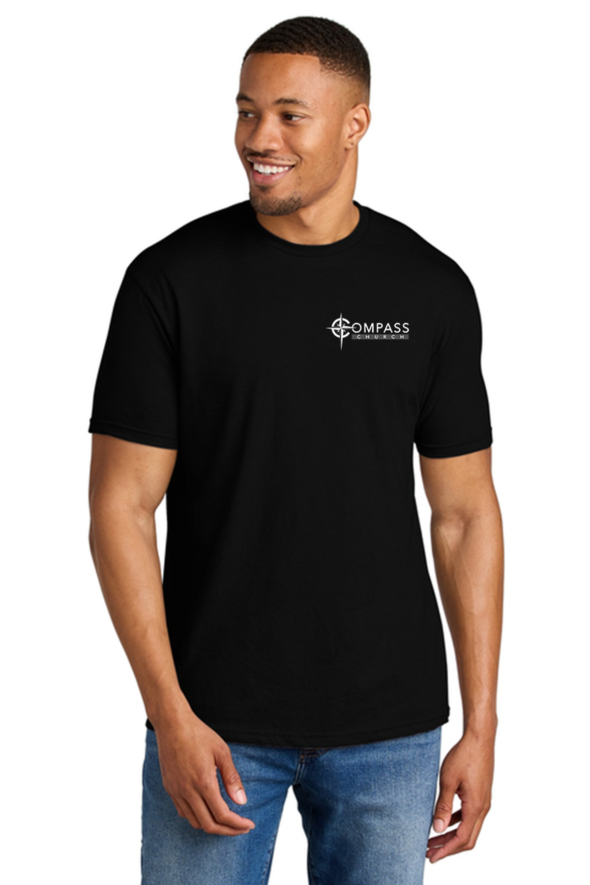 Compass Church Gildan Tee in Pitch Black, Compass Logo design, front view