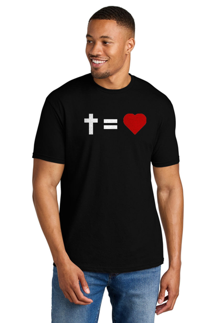 Compass Church Gildan Tee in Pitch Black, Cross=Love design, front view